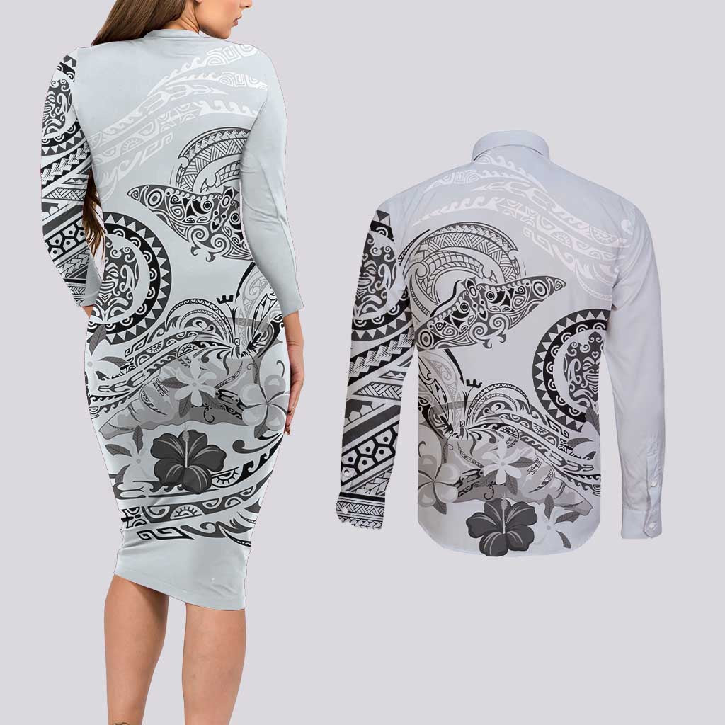 Polynesian Manta Ray Couples Matching Long Sleeve Bodycon Dress and Long Sleeve Button Shirt Gray Floral Turtle Tattoo LT9 - Polynesian Pride