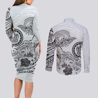 Polynesian Manta Ray Couples Matching Long Sleeve Bodycon Dress and Long Sleeve Button Shirt Gray Floral Turtle Tattoo LT9 - Polynesian Pride