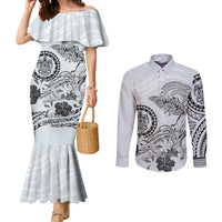 Polynesian Manta Ray Couples Matching Mermaid Dress and Long Sleeve Button Shirt Gray Floral Turtle Tattoo LT9 Gray - Polynesian Pride