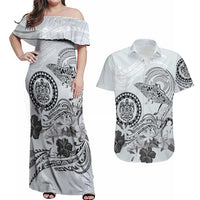Polynesian Manta Ray Couples Matching Off Shoulder Maxi Dress and Hawaiian Shirt Gray Floral Turtle Tattoo LT9 Gray - Polynesian Pride