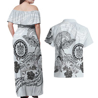 Polynesian Manta Ray Couples Matching Off Shoulder Maxi Dress and Hawaiian Shirt Gray Floral Turtle Tattoo LT9 - Polynesian Pride