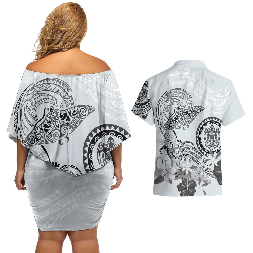 Polynesian Manta Ray Couples Matching Off Shoulder Short Dress and Hawaiian Shirt Gray Floral Turtle Tattoo LT9 - Polynesian Pride