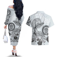 Polynesian Manta Ray Couples Matching Off The Shoulder Long Sleeve Dress and Hawaiian Shirt Gray Floral Turtle Tattoo LT9 - Polynesian Pride