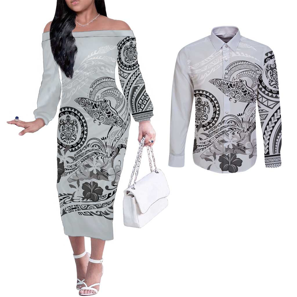 Polynesian Manta Ray Couples Matching Off The Shoulder Long Sleeve Dress and Long Sleeve Button Shirt Gray Floral Turtle Tattoo LT9 Gray - Polynesian Pride