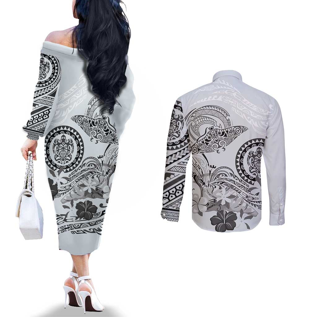 Polynesian Manta Ray Couples Matching Off The Shoulder Long Sleeve Dress and Long Sleeve Button Shirt Gray Floral Turtle Tattoo LT9 - Polynesian Pride