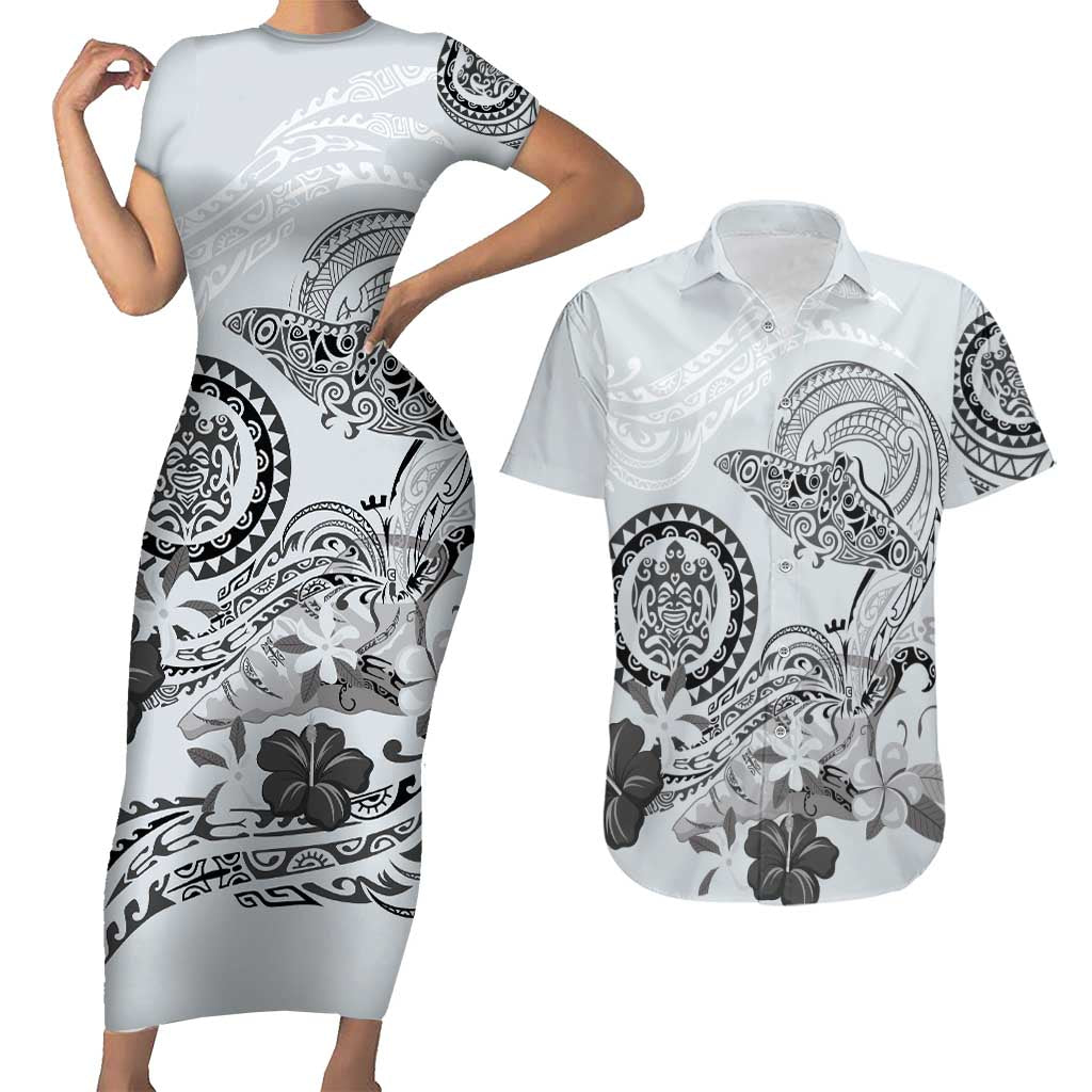 Polynesian Manta Ray Couples Matching Short Sleeve Bodycon Dress and Hawaiian Shirt Gray Floral Turtle Tattoo LT9 Gray - Polynesian Pride