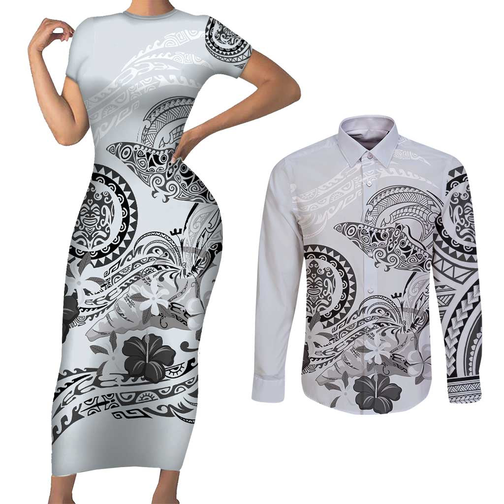 Polynesian Manta Ray Couples Matching Short Sleeve Bodycon Dress and Long Sleeve Button Shirt Gray Floral Turtle Tattoo LT9 Gray - Polynesian Pride
