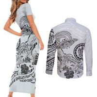 Polynesian Manta Ray Couples Matching Short Sleeve Bodycon Dress and Long Sleeve Button Shirt Gray Floral Turtle Tattoo LT9 - Polynesian Pride