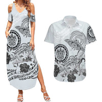 Polynesian Manta Ray Couples Matching Summer Maxi Dress and Hawaiian Shirt Gray Floral Turtle Tattoo LT9 Gray - Polynesian Pride