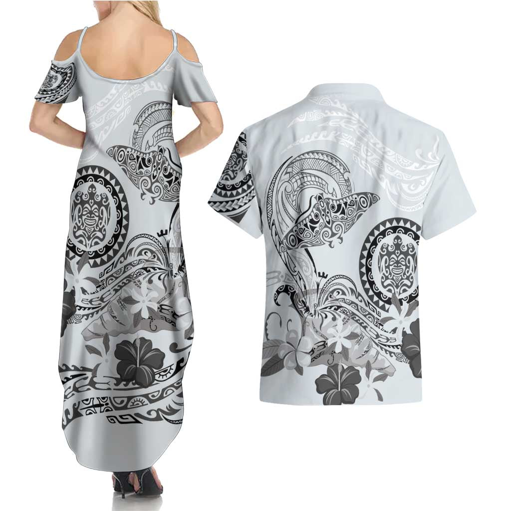 Polynesian Manta Ray Couples Matching Summer Maxi Dress and Hawaiian Shirt Gray Floral Turtle Tattoo LT9 - Polynesian Pride