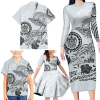 Polynesian Manta Ray Family Matching Long Sleeve Bodycon Dress and Hawaiian Shirt Gray Floral Turtle Tattoo LT9 - Polynesian Pride