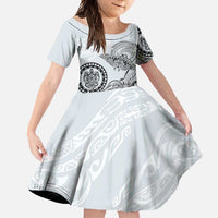Polynesian Manta Ray Family Matching Mermaid Dress and Hawaiian Shirt Gray Floral Turtle Tattoo LT9 Daughter's Dress Gray - Polynesian Pride