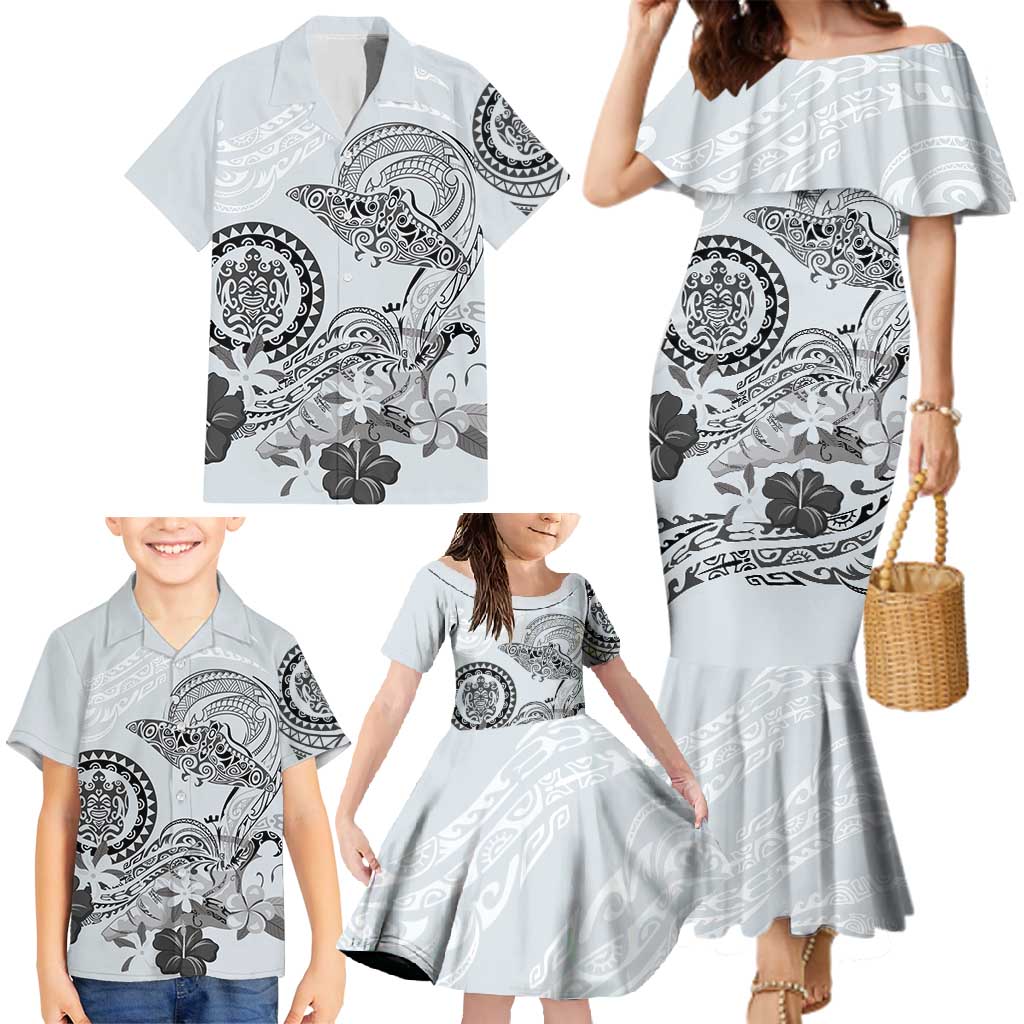 Polynesian Manta Ray Family Matching Mermaid Dress and Hawaiian Shirt Gray Floral Turtle Tattoo LT9 - Polynesian Pride