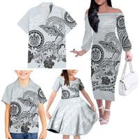 Polynesian Manta Ray Family Matching Off The Shoulder Long Sleeve Dress and Hawaiian Shirt Gray Floral Turtle Tattoo LT9 - Polynesian Pride