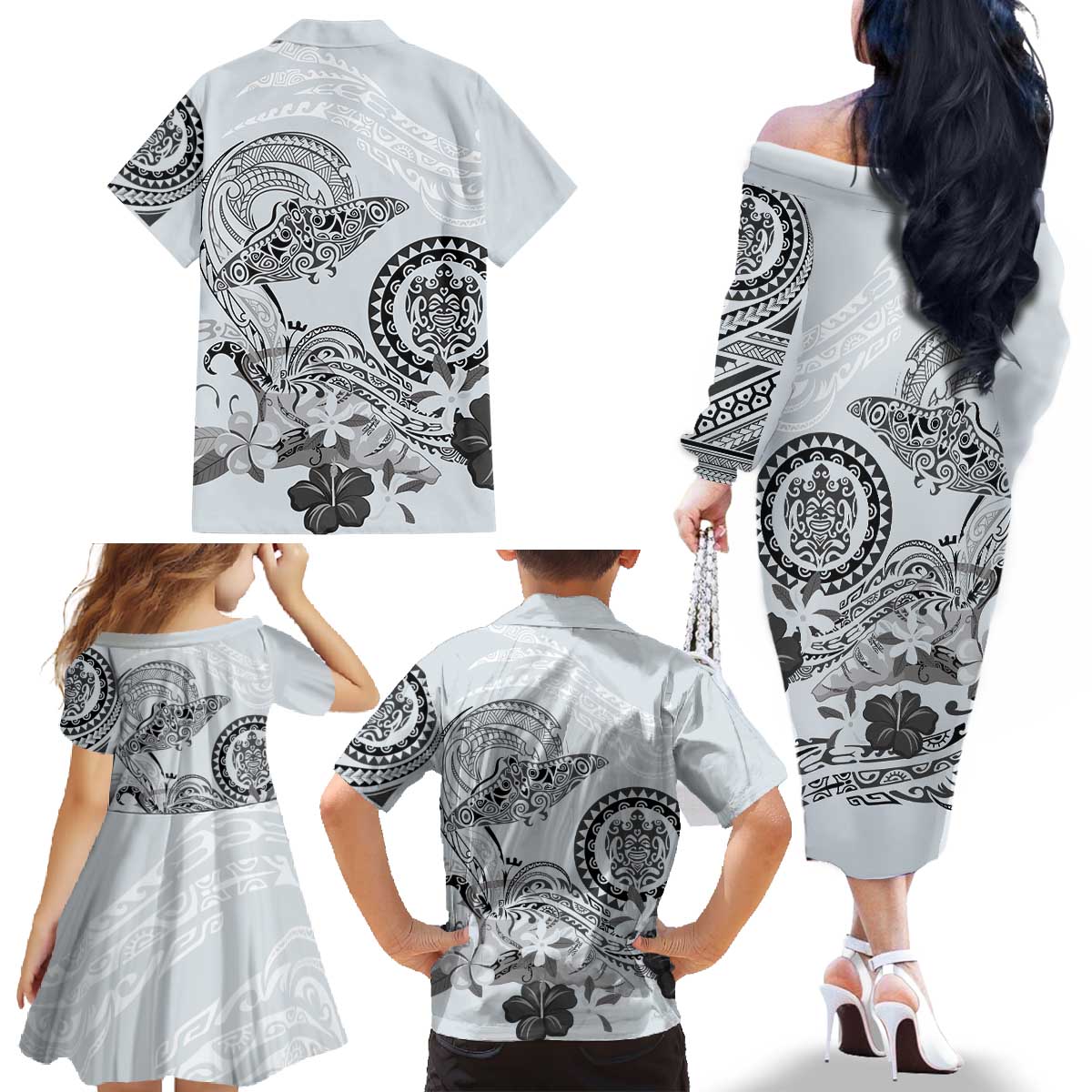 Polynesian Manta Ray Family Matching Off The Shoulder Long Sleeve Dress and Hawaiian Shirt Gray Floral Turtle Tattoo LT9 - Polynesian Pride