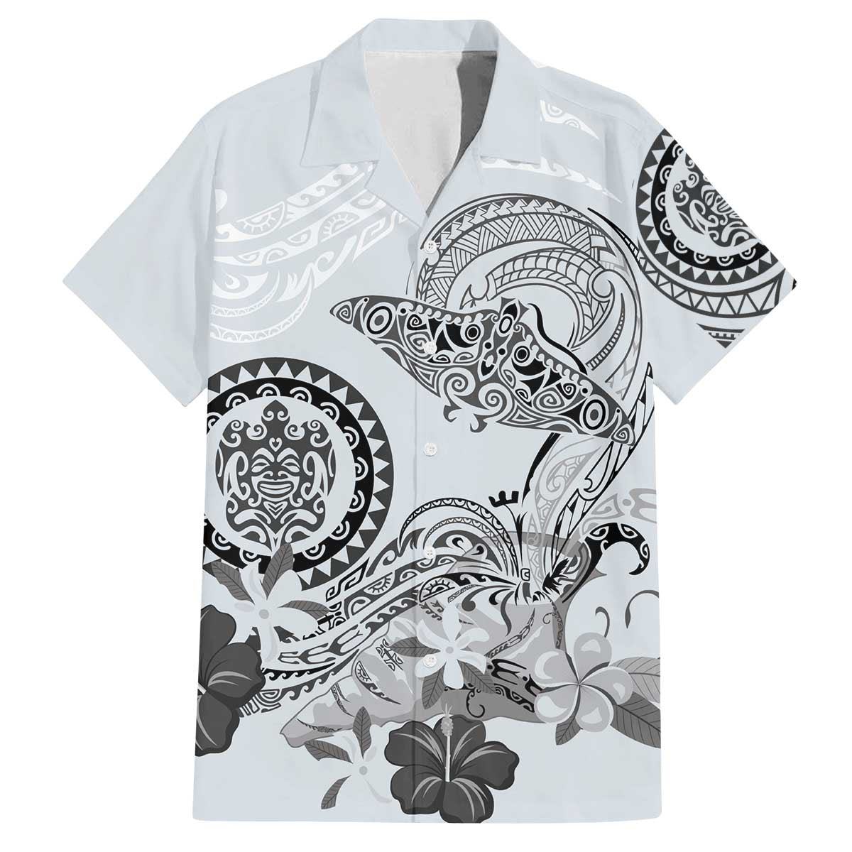 Polynesian Manta Ray Family Matching Off The Shoulder Long Sleeve Dress and Hawaiian Shirt Gray Floral Turtle Tattoo LT9 Dad's Shirt - Short Sleeve Gray - Polynesian Pride