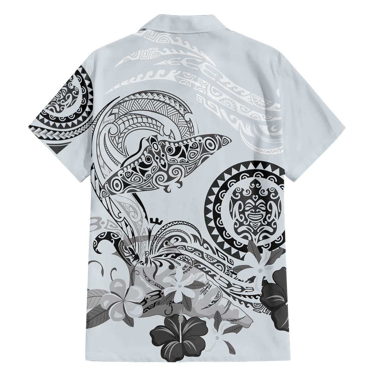 Polynesian Manta Ray Family Matching Off The Shoulder Long Sleeve Dress and Hawaiian Shirt Gray Floral Turtle Tattoo LT9 - Polynesian Pride