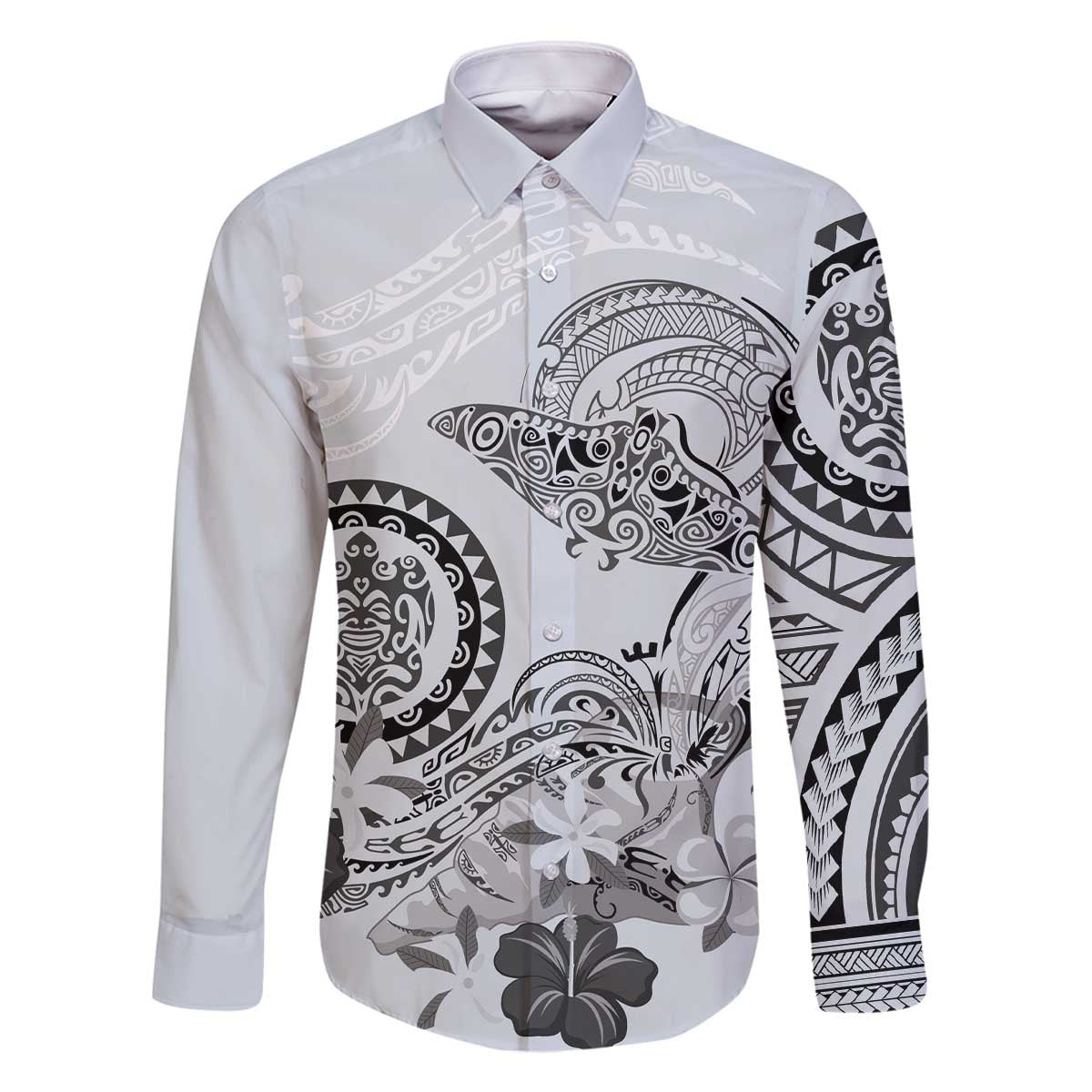 Polynesian Manta Ray Family Matching Off The Shoulder Long Sleeve Dress and Hawaiian Shirt Gray Floral Turtle Tattoo LT9 Dad's Shirt - Long Sleeve Gray - Polynesian Pride