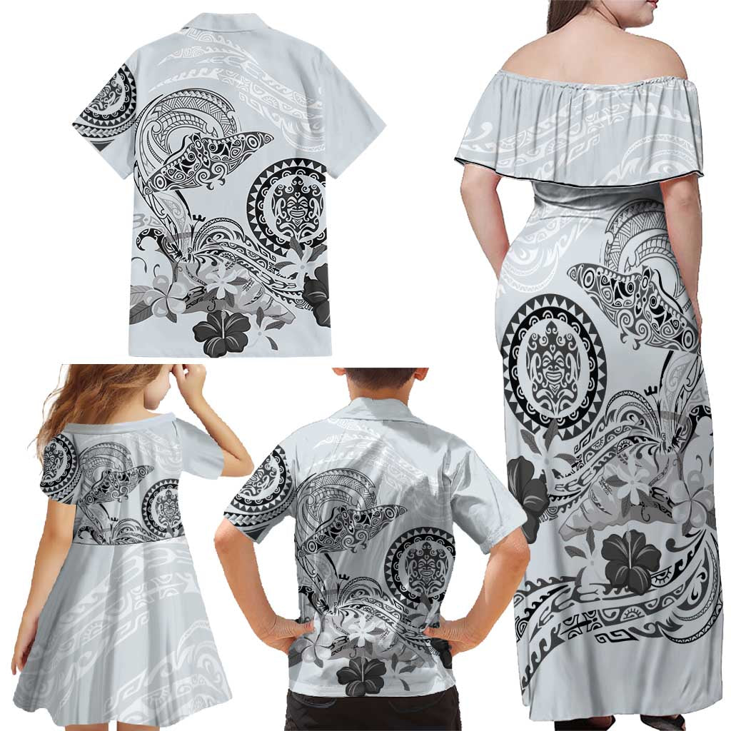 Polynesian Manta Ray Family Matching Off Shoulder Maxi Dress and Hawaiian Shirt Gray Floral Turtle Tattoo LT9 - Polynesian Pride