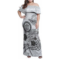 Polynesian Manta Ray Family Matching Off Shoulder Maxi Dress and Hawaiian Shirt Gray Floral Turtle Tattoo LT9 Mom's Dress Gray - Polynesian Pride