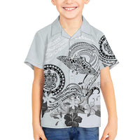 Polynesian Manta Ray Family Matching Off Shoulder Maxi Dress and Hawaiian Shirt Gray Floral Turtle Tattoo LT9 Son's Shirt Gray - Polynesian Pride