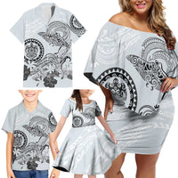 Polynesian Manta Ray Family Matching Off Shoulder Short Dress and Hawaiian Shirt Gray Floral Turtle Tattoo LT9 - Polynesian Pride