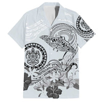 Polynesian Manta Ray Family Matching Off Shoulder Short Dress and Hawaiian Shirt Gray Floral Turtle Tattoo LT9 Dad's Shirt - Short Sleeve Gray - Polynesian Pride
