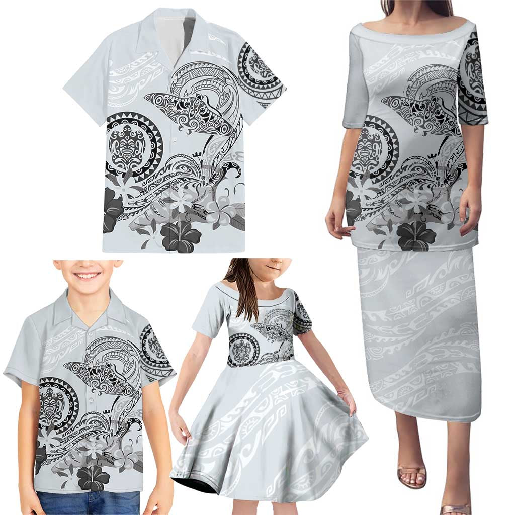 Polynesian Manta Ray Family Matching Puletasi and Hawaiian Shirt Gray Floral Turtle Tattoo LT9 - Polynesian Pride