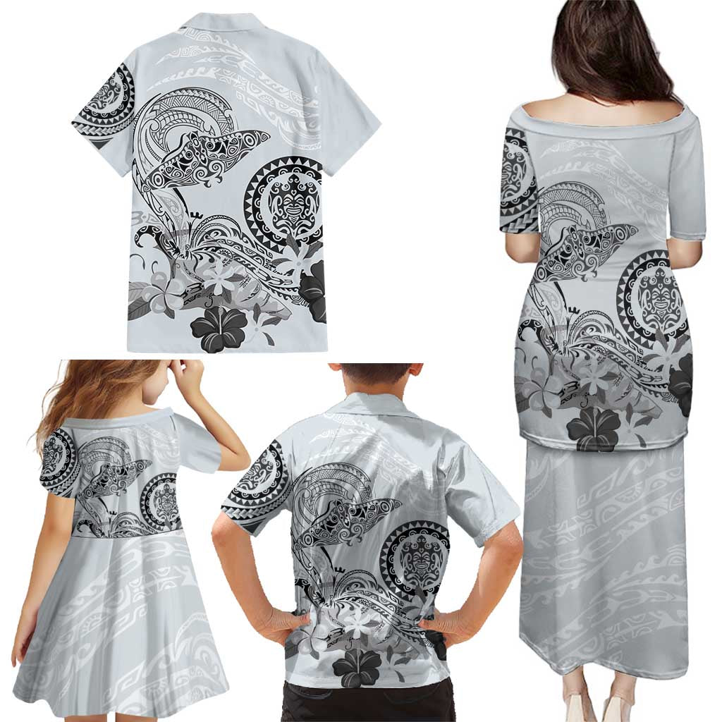Polynesian Manta Ray Family Matching Puletasi and Hawaiian Shirt Gray Floral Turtle Tattoo LT9 - Polynesian Pride