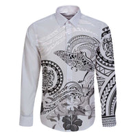 Polynesian Manta Ray Family Matching Puletasi and Hawaiian Shirt Gray Floral Turtle Tattoo LT9 Dad's Shirt - Long Sleeve Gray - Polynesian Pride