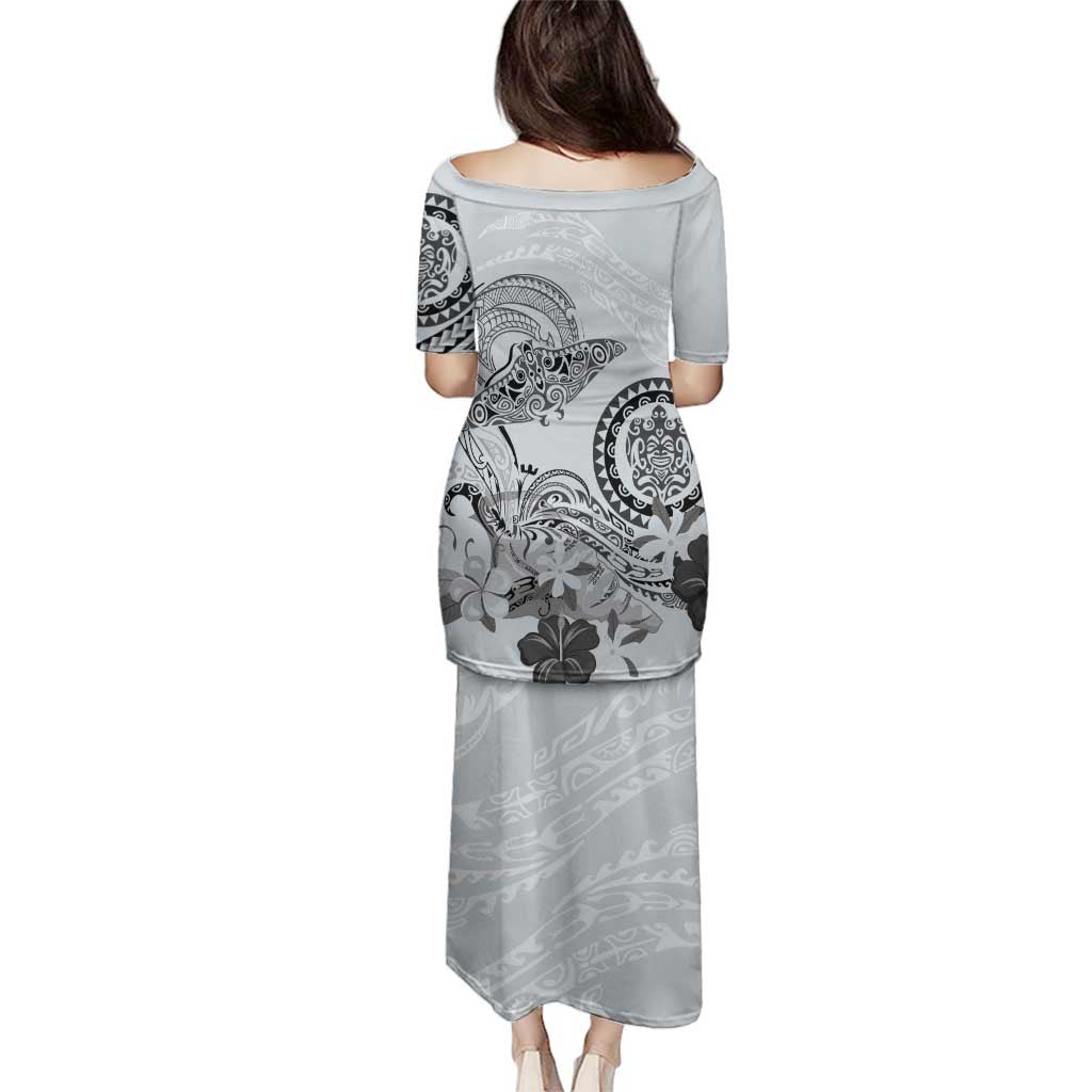 Polynesian Manta Ray Family Matching Puletasi and Hawaiian Shirt Gray Floral Turtle Tattoo LT9 - Polynesian Pride