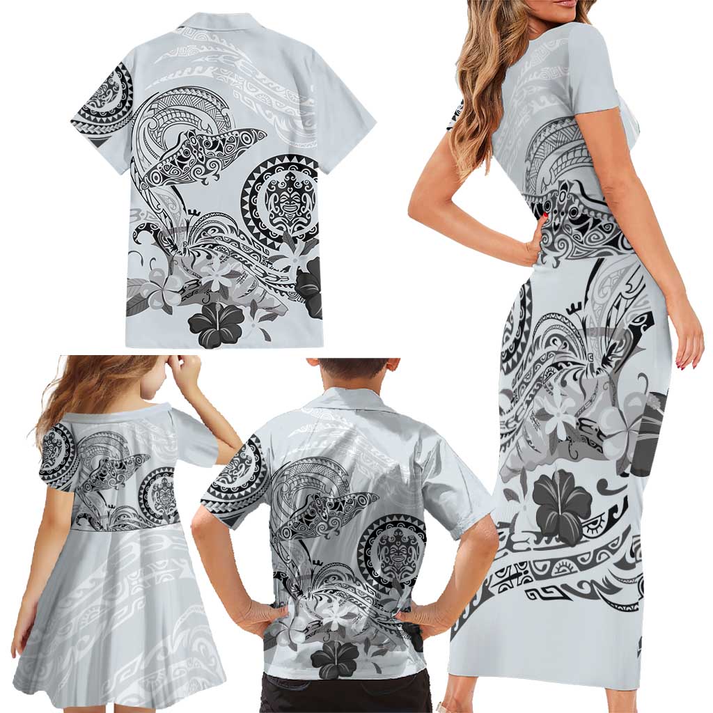 Polynesian Manta Ray Family Matching Short Sleeve Bodycon Dress and Hawaiian Shirt Gray Floral Turtle Tattoo LT9 - Polynesian Pride