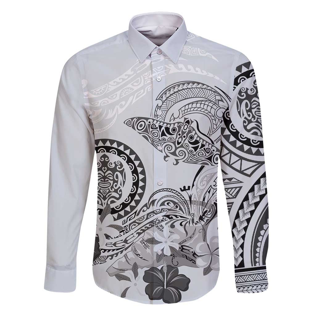 Polynesian Manta Ray Family Matching Summer Maxi Dress and Hawaiian Shirt Gray Floral Turtle Tattoo LT9 Dad's Shirt - Long Sleeve Gray - Polynesian Pride