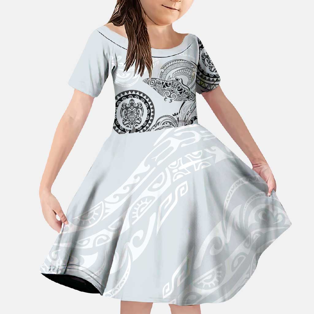 Polynesian Manta Ray Family Matching Tank Maxi Dress and Hawaiian Shirt Gray Floral Turtle Tattoo LT9 Daughter's Dress Gray - Polynesian Pride