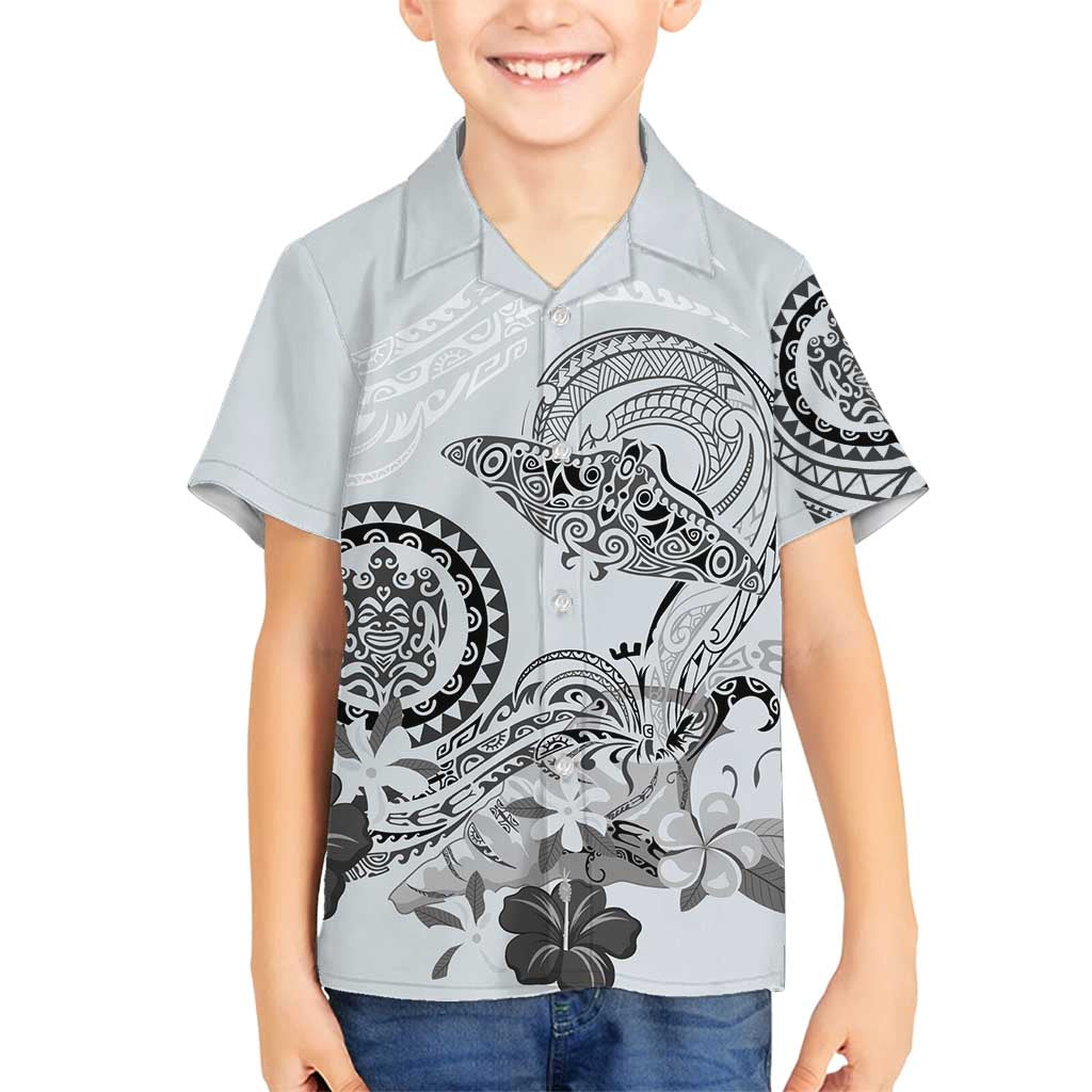 Polynesian Manta Ray Family Matching Tank Maxi Dress and Hawaiian Shirt Gray Floral Turtle Tattoo LT9 Son's Shirt Gray - Polynesian Pride