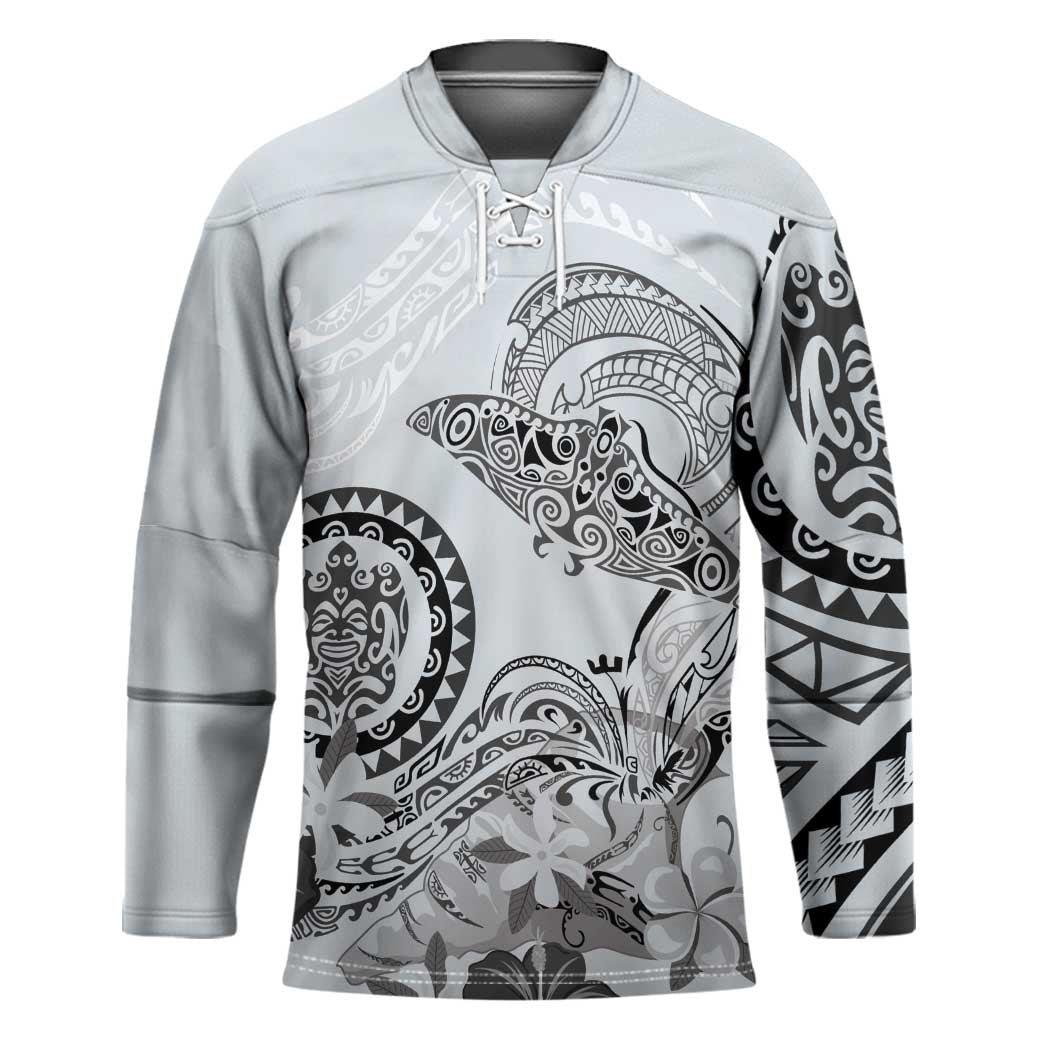 Polynesian Manta Ray Hockey Jersey Gray Floral Turtle Tattoo - Polynesian Pride