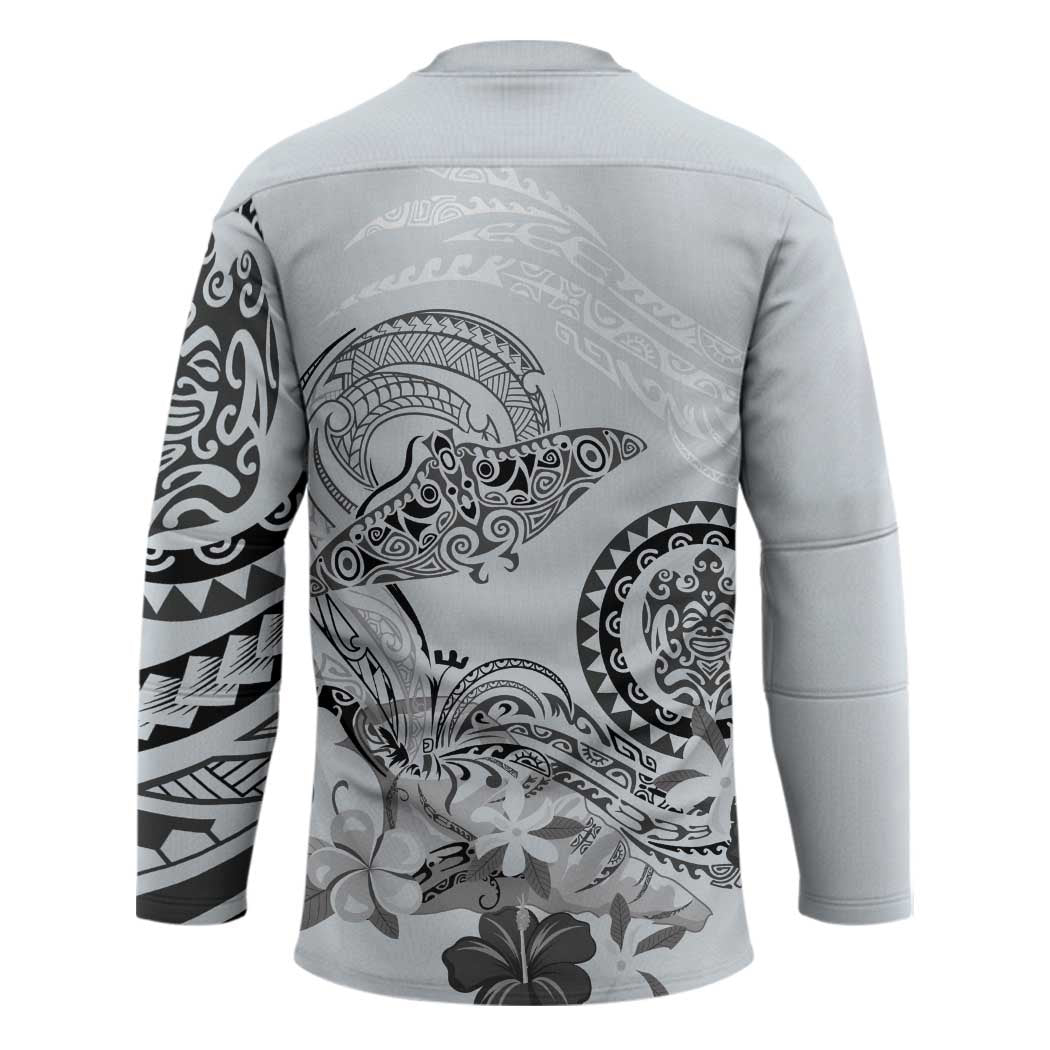 Polynesian Manta Ray Hockey Jersey Gray Floral Turtle Tattoo - Polynesian Pride