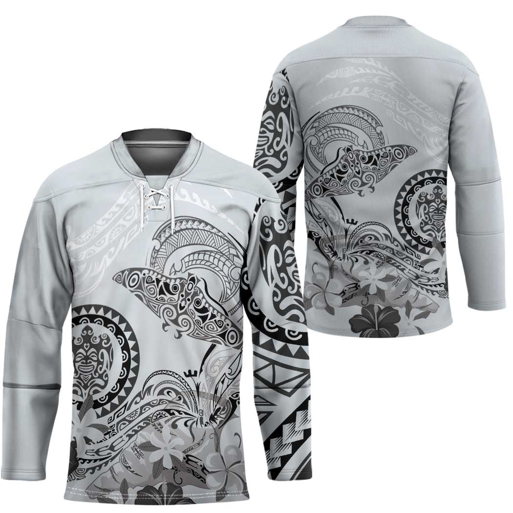 Polynesian Manta Ray Hockey Jersey Gray Floral Turtle Tattoo - Polynesian Pride