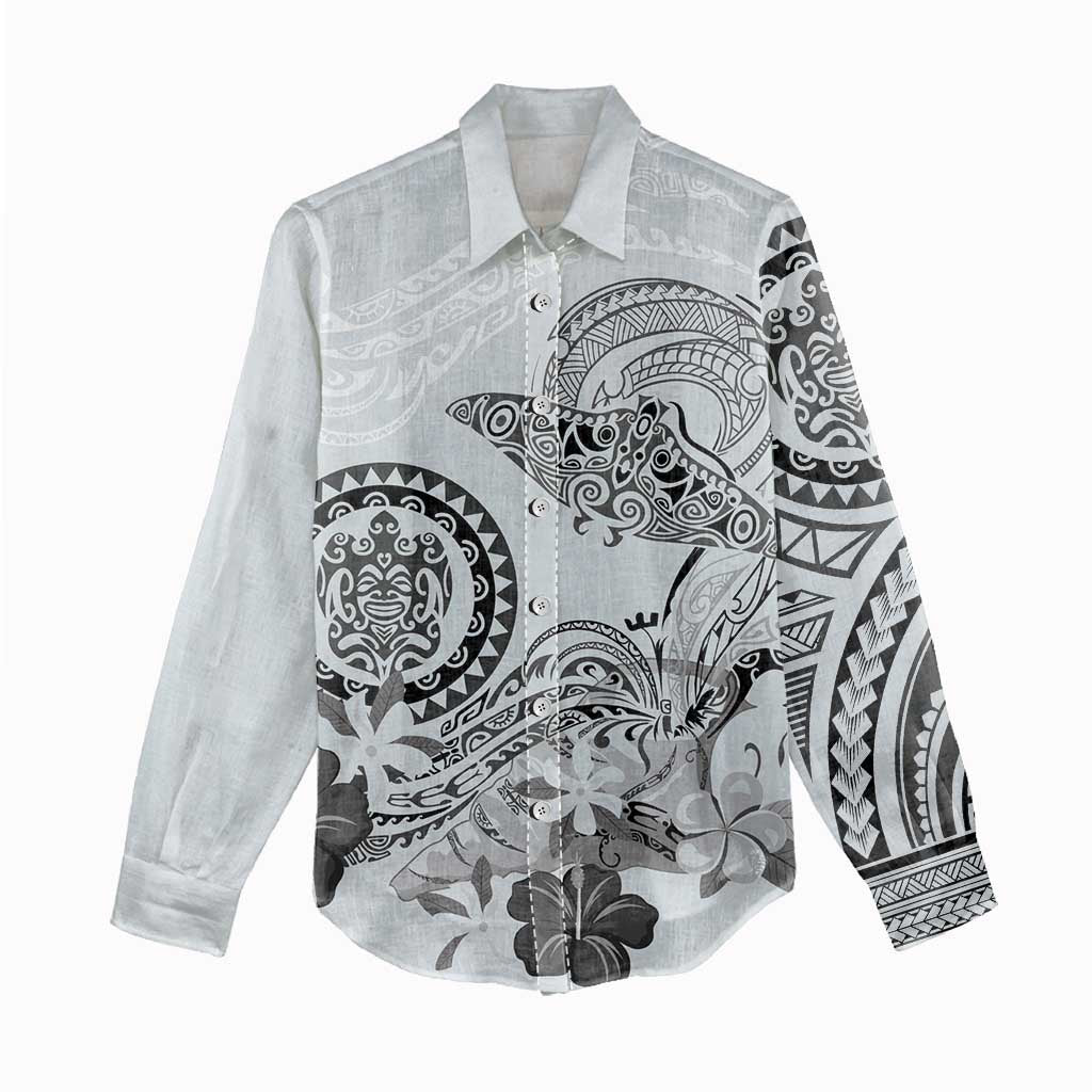 Polynesian Manta Ray Women Casual Shirt Gray Floral Turtle Tattoo - Polynesian Pride