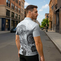 Polynesian Manta Ray Zipper Polo Shirt Gray Floral Turtle Tattoo - Polynesian Pride