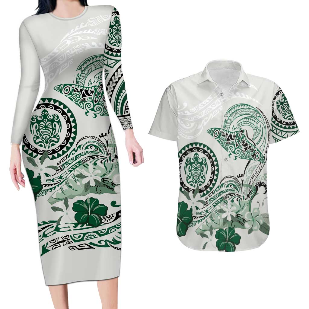 Polynesian Manta Ray Couples Matching Long Sleeve Bodycon Dress and Hawaiian Shirt Green Floral Turtle Tattoo LT9 Green - Polynesian Pride