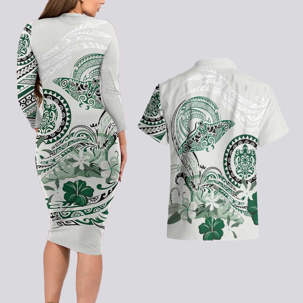 Polynesian Manta Ray Couples Matching Long Sleeve Bodycon Dress and Hawaiian Shirt Green Floral Turtle Tattoo LT9 - Polynesian Pride