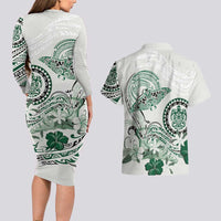 Polynesian Manta Ray Couples Matching Long Sleeve Bodycon Dress and Hawaiian Shirt Green Floral Turtle Tattoo LT9 - Polynesian Pride