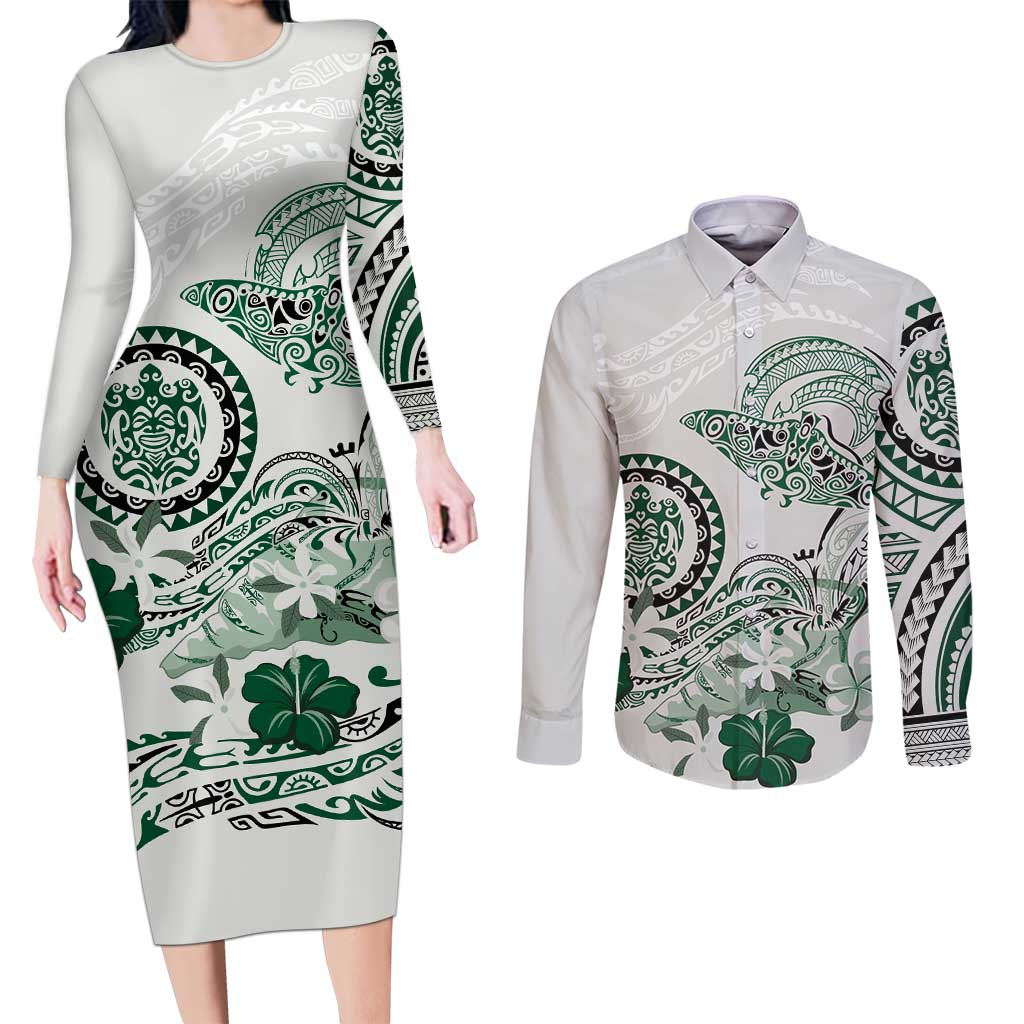 Polynesian Manta Ray Couples Matching Long Sleeve Bodycon Dress and Long Sleeve Button Shirt Green Floral Turtle Tattoo LT9 Green - Polynesian Pride