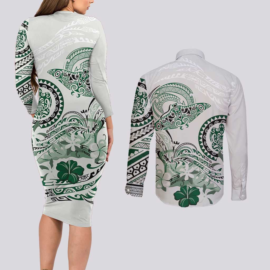 Polynesian Manta Ray Couples Matching Long Sleeve Bodycon Dress and Long Sleeve Button Shirt Green Floral Turtle Tattoo LT9 - Polynesian Pride