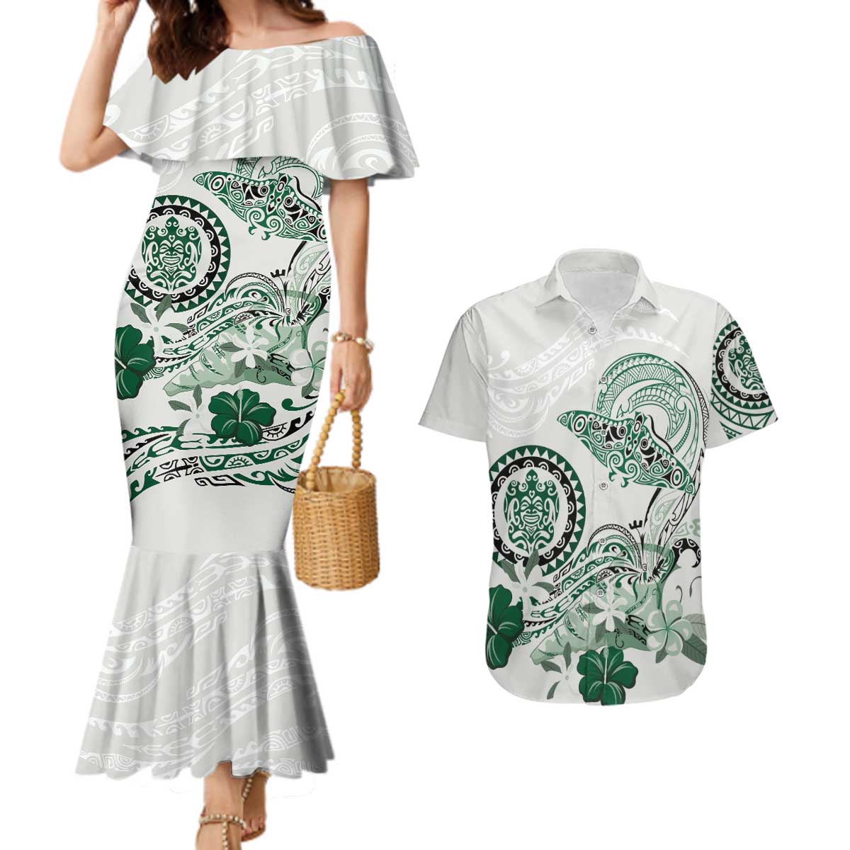 Polynesian Manta Ray Couples Matching Mermaid Dress and Hawaiian Shirt Green Floral Turtle Tattoo LT9 Green - Polynesian Pride