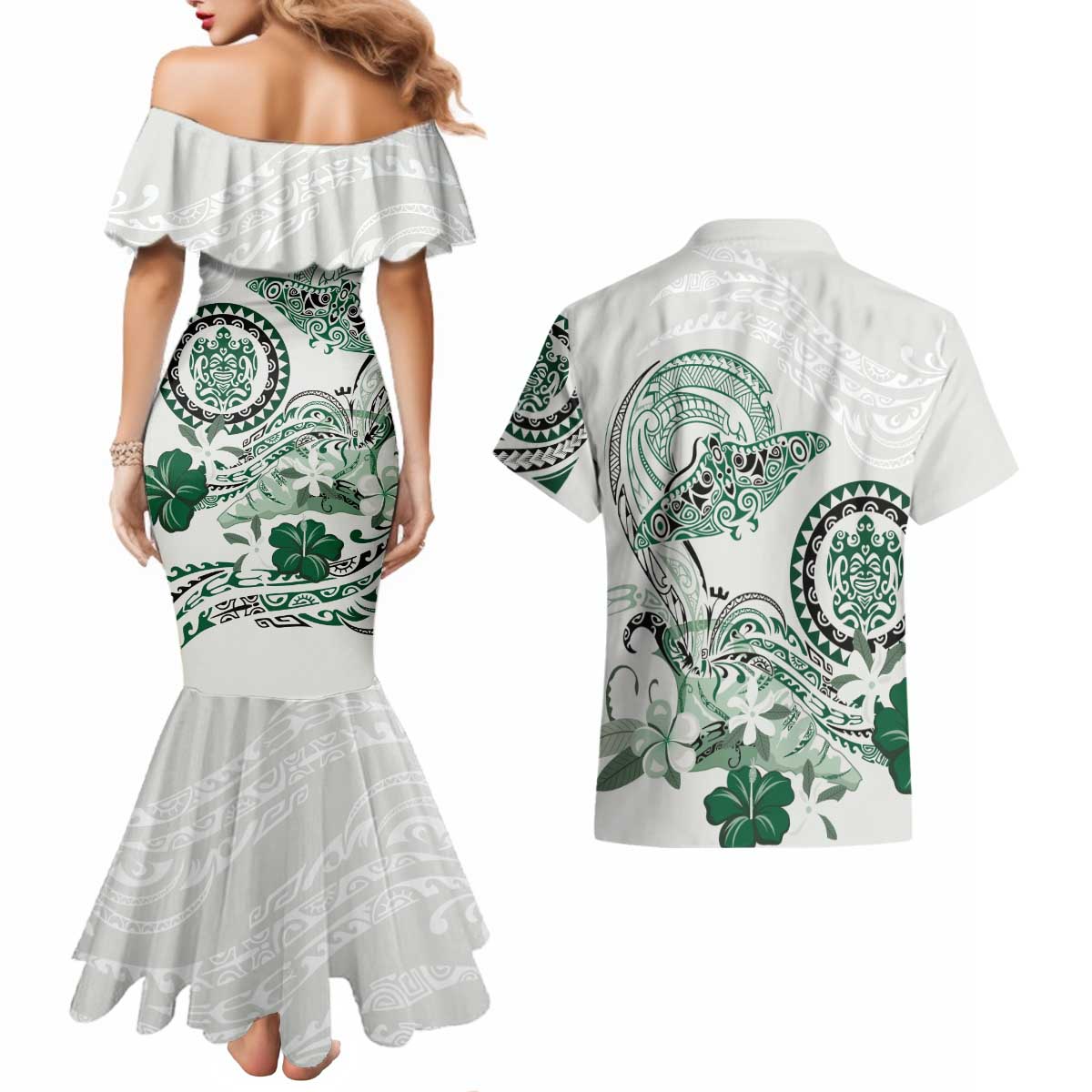 Polynesian Manta Ray Couples Matching Mermaid Dress and Hawaiian Shirt Green Floral Turtle Tattoo LT9 - Polynesian Pride