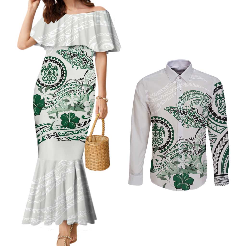 Polynesian Manta Ray Couples Matching Mermaid Dress and Long Sleeve Button Shirt Green Floral Turtle Tattoo LT9 Green - Polynesian Pride