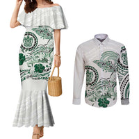 Polynesian Manta Ray Couples Matching Mermaid Dress and Long Sleeve Button Shirt Green Floral Turtle Tattoo LT9 Green - Polynesian Pride