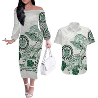 Polynesian Manta Ray Couples Matching Off The Shoulder Long Sleeve Dress and Hawaiian Shirt Green Floral Turtle Tattoo LT9 Green - Polynesian Pride